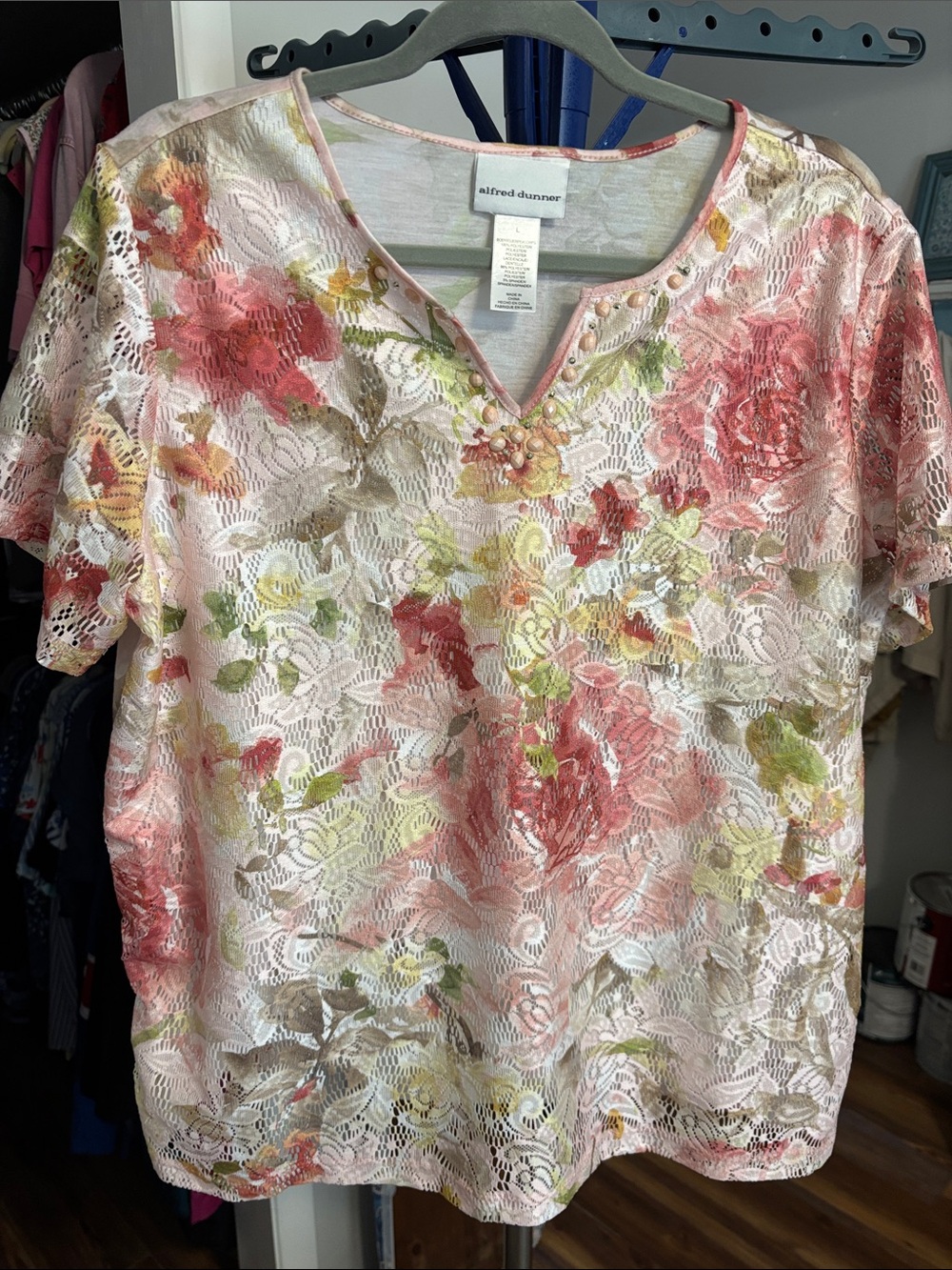 Alfred Dunner Floral Lace Short Sleeve Top in Pink and Green